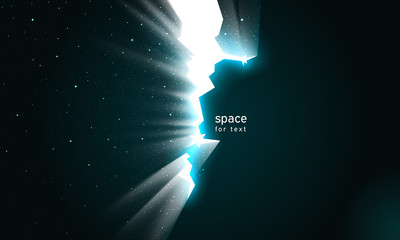 Light and stars in space from cracks in wall. Dark broken wall glow portal into space universe. Dark background with crack continuum for impressive design. Vector illustration, place for text - obrazy, fototapety, plakaty