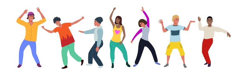 Fototapeta na wymiar Dancing people. Happy men and women move to the music. Vector illustration in a flat style