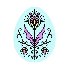 Vector illustration. Without background. EPS. Egg of blue color without black edging. Easter egg with floral ornaments.