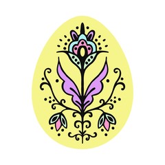 Vector illustration. Black graphic flower with color accents. Easter egg with floral ornaments. Without black edging. Yellow egg. Without background. EPS.