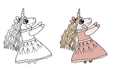 Black line child Unicorn with long hair in dress for coloring book or pages