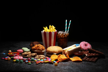 Unhealthy products. food bad for figure, skin, heart and teeth.