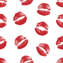 Vector woman red lipstick kiss prints seamless pattern. Red kisses for romantic, wedding, world kiss day and valentine backgrounds