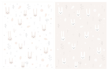 Lovely Hand Drawn Bunnies Vector Pattern. Sweet White and Beige Rabbits Sitting Among Flowers. Cute Abstract Garden on a White and Light Beige Background. Delicate Bright Nursery Art.