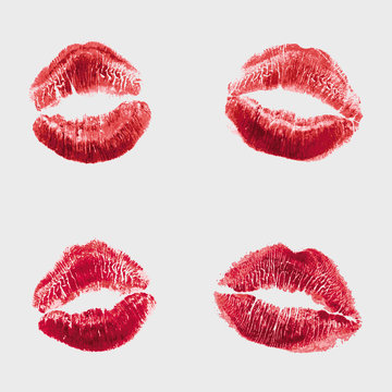 Vector set of realistic illustration womans girl red lipstick kiss mark. Isolated on white background. Valentines day icon, world kiss day. sign, symbol, clip art for design.
