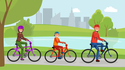 Family riding on bicycle in park flat poster