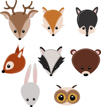 set of isolated forest animals head - vector illustration, eps