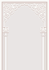 Stylized door in arabic architectural style arch with ornamental patterned stone relief and pillars of islamic mosque,greeting card for Ramadan Kareem