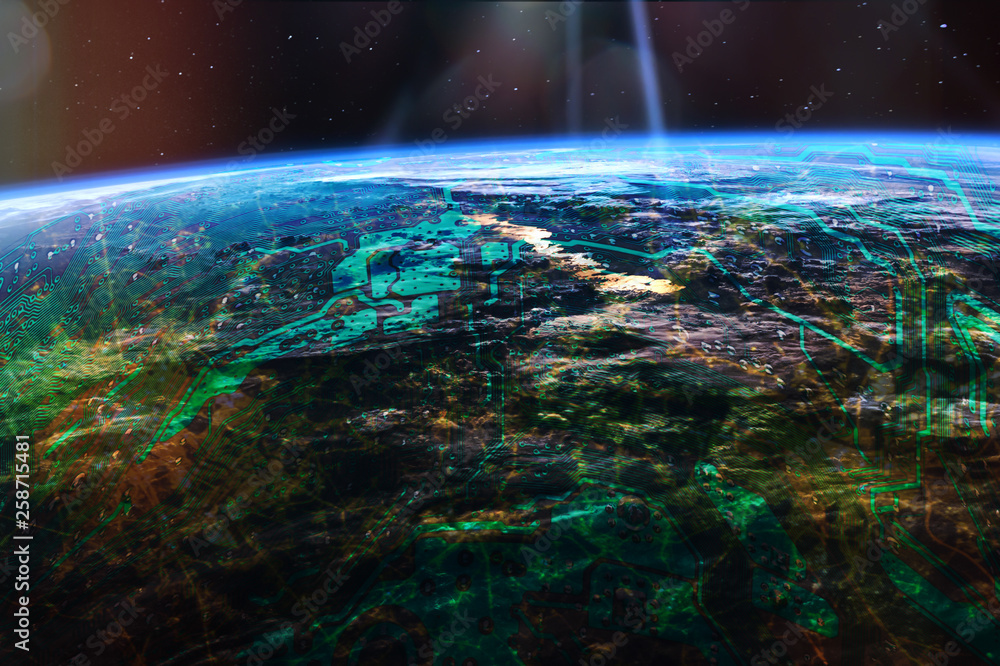 Poster futuristic internet of things (iot) links the physical and digital worlds. city lights from outer sp