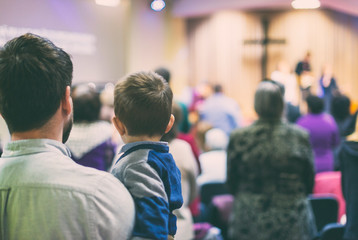 Father with his son participate at christian congregation worship - 258716054