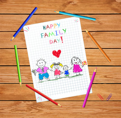 Happy Family Day greeting card, kids drawing with paper, pencils  and parents Holding Hands of Children on wooden table background