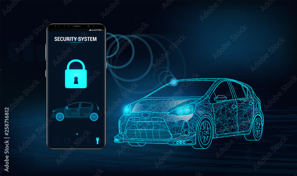 Poster Smart car security system icon in futuristic style. The smartphone controls the car security on the wireless and shows the owner a level of protection of the car. Auto alarm concept. Vector