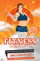 Fitness girl with dumbbell on cloud background. Fitness Flyer Template with sample text. Promote your Products and services related to Fitness niche with this great looking Banner for your Services.