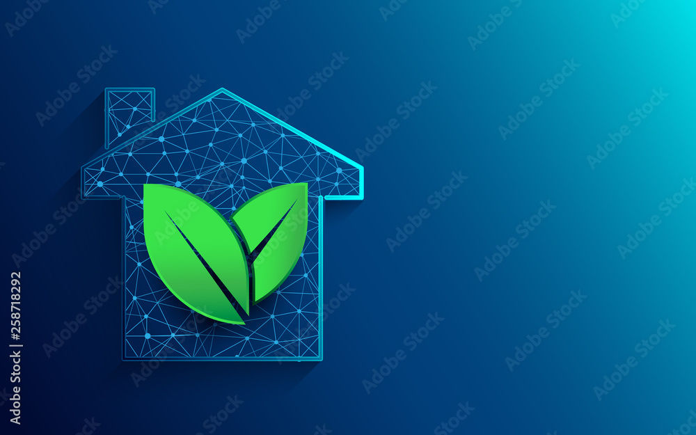 Poster Green house icon from lines, triangles and particle style design. Illustration vector
