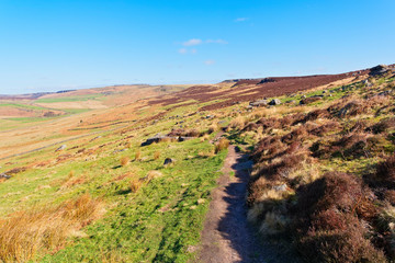 Narrow footpath across a hillside high in the Derbyshire Peak District.