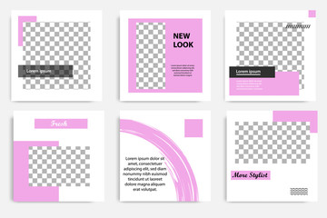 Editable square abstract geometric banner template for social media post. Black and purple frame in the white background. Minimal design background vector illustration