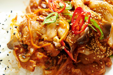 Korean spicy stir fried pork and vegetables with rice 