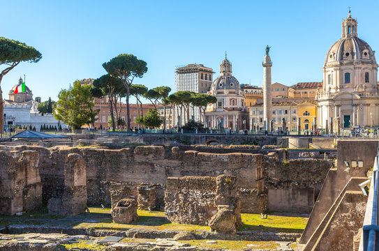Trajan's Column and churches, Rome, Italy