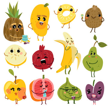 Cute fruits. Fruit funny characters, pineapple kiwi banana pear apple. Fresh natural healthy diet food vector cartoon set