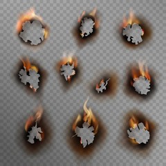 Burnt holes. Scorched paper hole, burned brown edge with flame. Fire in cracked dirty hole, realistic vector set