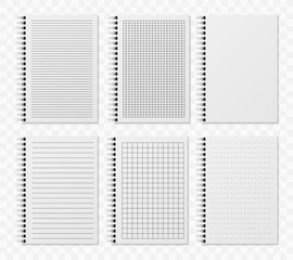Realistic line notobooks. Blank padded diary sketchbook with dots and lines for writing and paiting vector templates