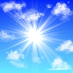 Naklejka na ściany i meble Sunny with clouds. Blue sky with white cloud and sun ray fluffy fog clouding isolated realistic vector banner