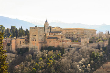 Fototapeta na wymiar Panorama of the Palacios Nazaríes (Nasrid Palaces) and the Palace of Charles V of the Alhambra from Mirador de San Nicolás. Granada, Spain