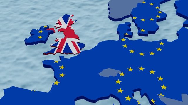 Map of europe with sinking England. Brexit UK - United Kingdom, Great Britain leaving EU - European Union.