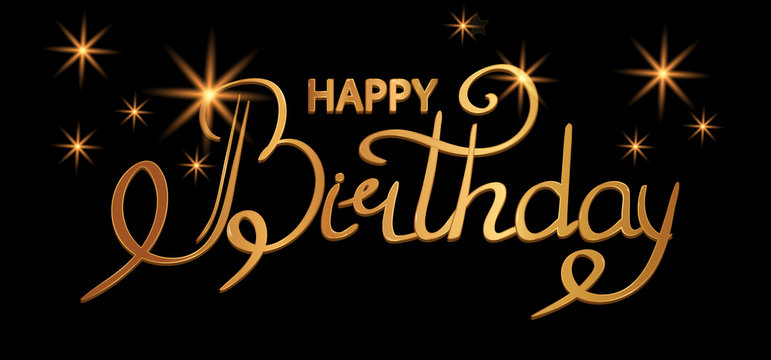 Happy birthday golden text lettering, typography design, greetings card on a black background. Vector