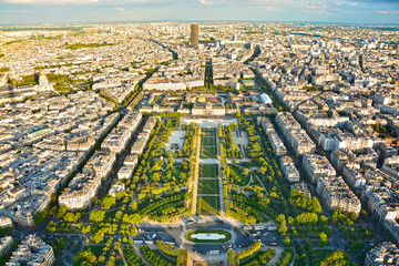 Aerial panoramic view of Paris and Champ de Mars from Eiffel Tower in Paris, France.