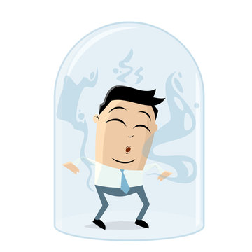smelling asian businessman under a glass dome