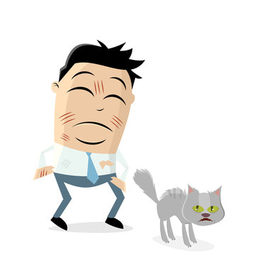 annoyed cartoon man scratched by furious cat