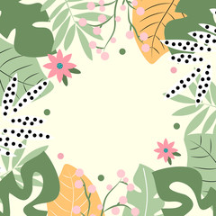 Tropical leaves, branches and flowers on pastel background