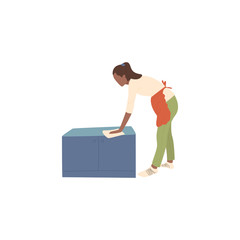 The girl holds a rag in her hands and rubs dust