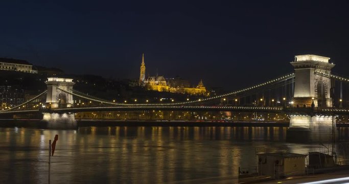 Timelapse of Mathias Church and Chain Bridge at night