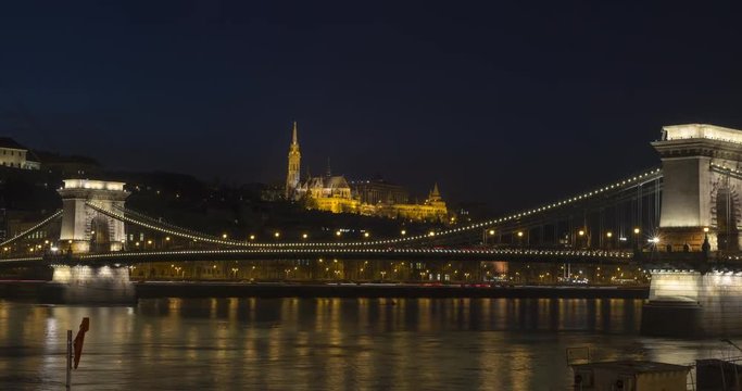 Timelapse of Mathias Church and Chain Bridge at night