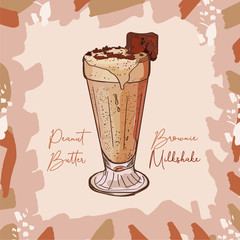 Przepis na masło orzechowe Brownie Milkshake. Element menu do kawiarni lub restauracji ze świeżym napojem mlecznym. Świeży koktajl dla zdrowego życia. - 258723257
