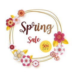 Spring banner sale. With leaf and colorful flowers design. Paper cut art style on white background. For a festive season Vector illustration.