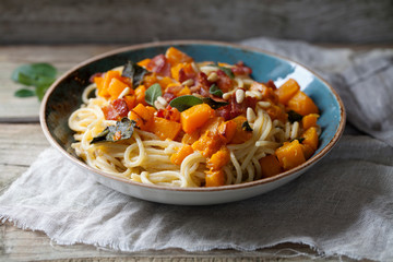 Spaghetti with roast butternut squash, bacon and sage