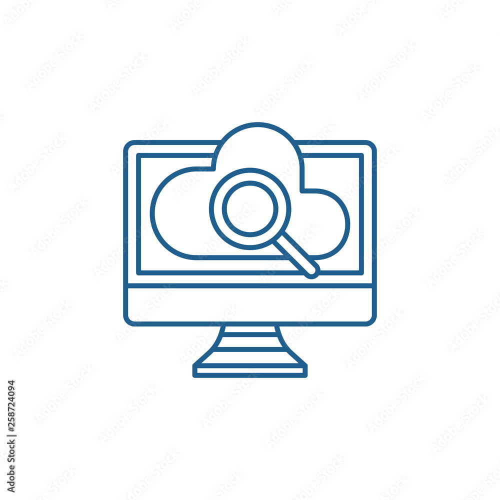 Poster computer online search line concept icon. computer online search flat vector website sign, outline s
