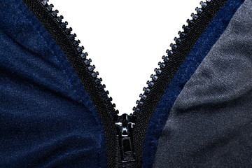 Unzipped zipper on clothes. In the open place is a white background isolate.