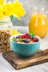 Crunchy granola with berry fruits with milk in bowl