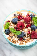 Bowl of homemade granola with yogurt and fresh berries