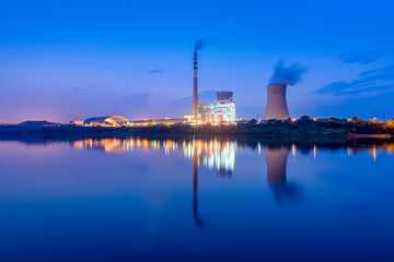 At dusk, the thermal power plants  , Cooling tower of nuclear power plant Dukovany 