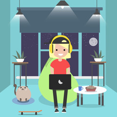 Young character sitting on bean bag with laptop.Night room.Gamer.Flat cartoon design
