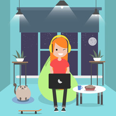 Young character sitting on bean bag with laptop.Night room.Gamer.Flat cartoon design