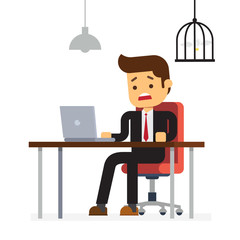 business man cannot solve problem because idea bulb locked in a cage