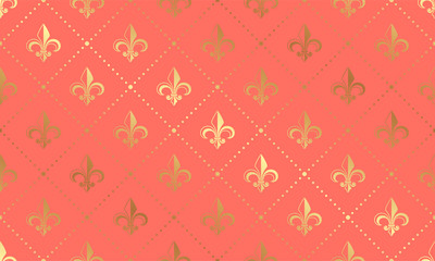 Vector seamless coral pattern with golden lilies. Luxury wallpaper background with Fleur de Lis. © Rodin Anton