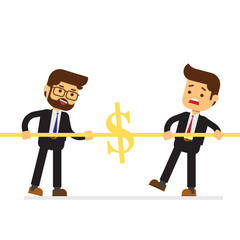 Business man playing tug of war with dollar sign