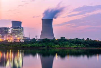 At dusk, the thermal power plants  , Cooling tower of nuclear power plant Dukovany 